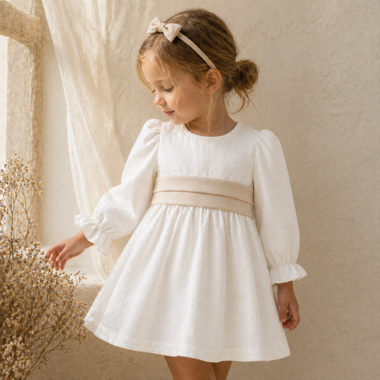 Vestido Clara - Blanco - Lazo Beige