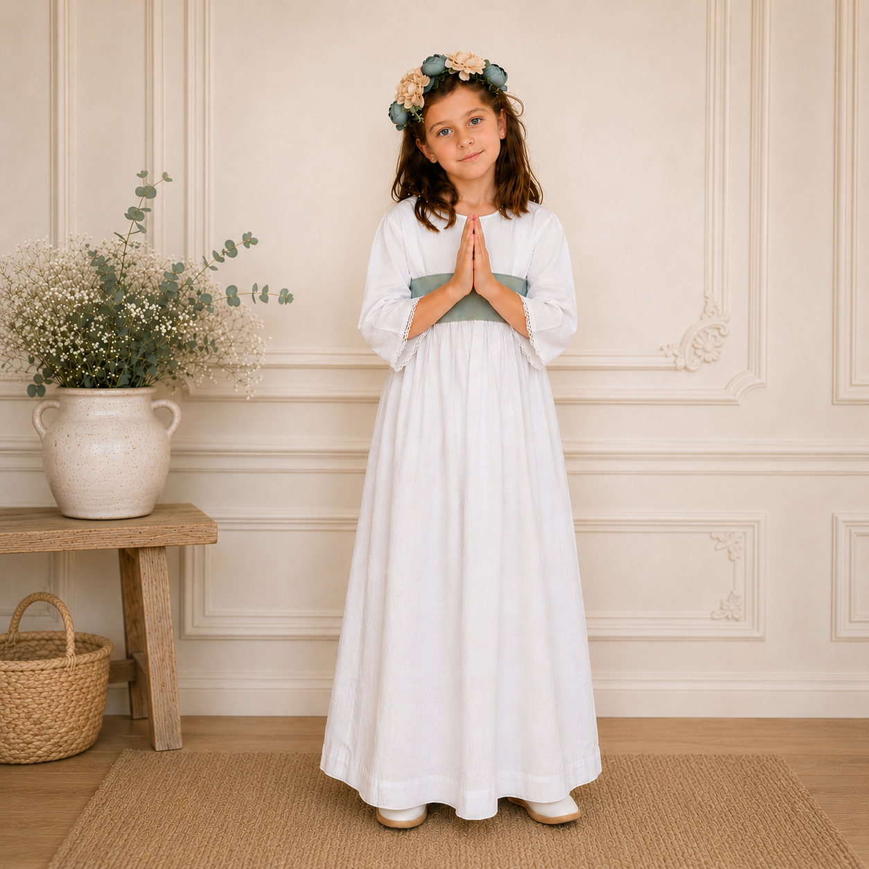 Vestido de lino largo para bautizo, primera comunión y paje de matrimonio, hecho a mano por Teresita Petite.
