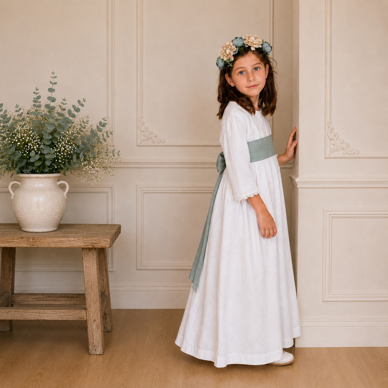 Vestido Esperanza de lino blanco hecho a mano en Chile con elegante diseño de perfil.