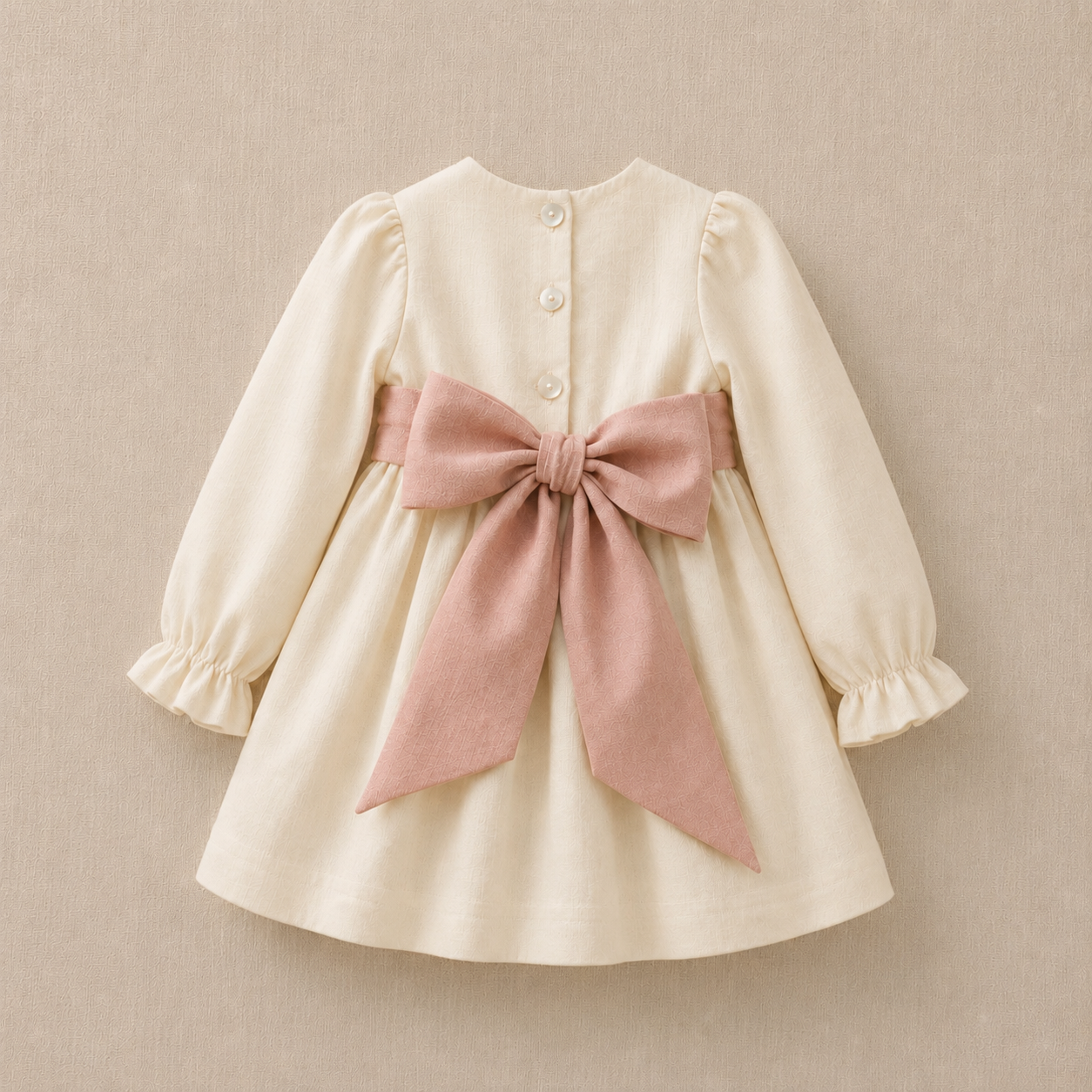 Vista trasera del vestido de lino marfil con lazo palo rosa, confeccionado a mano en Chile para ceremonias infantiles.