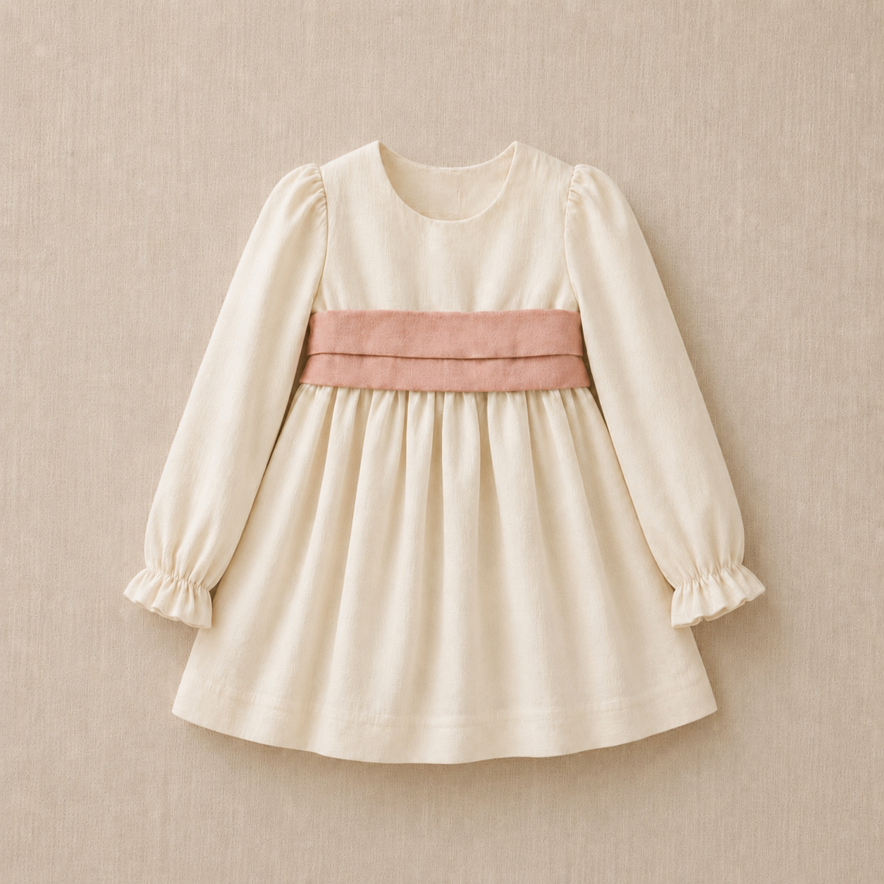 Vista frontal del vestido de lino marfil con lazo palo rosa y manga larga para ceremonias infantiles.