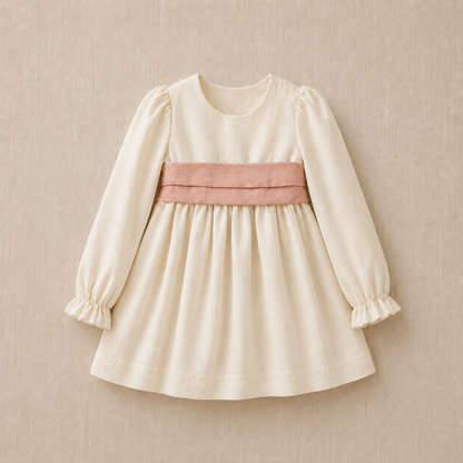 Vista frontal del vestido de lino marfil con lazo palo rosa y manga larga para ceremonias infantiles.
