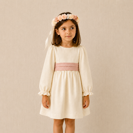 Vestido de lino marfil con lazo palo rosa y manga larga para bautizos, matrimonios y ceremonias infantiles.